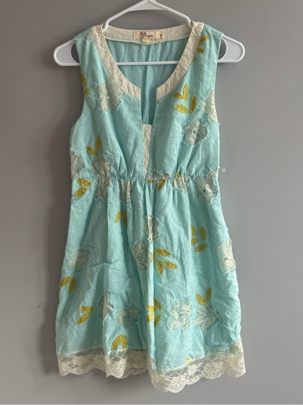 Aryeh Aqua Blue Cotton Lace Floral Applique Fit & Flare Mini Dress S